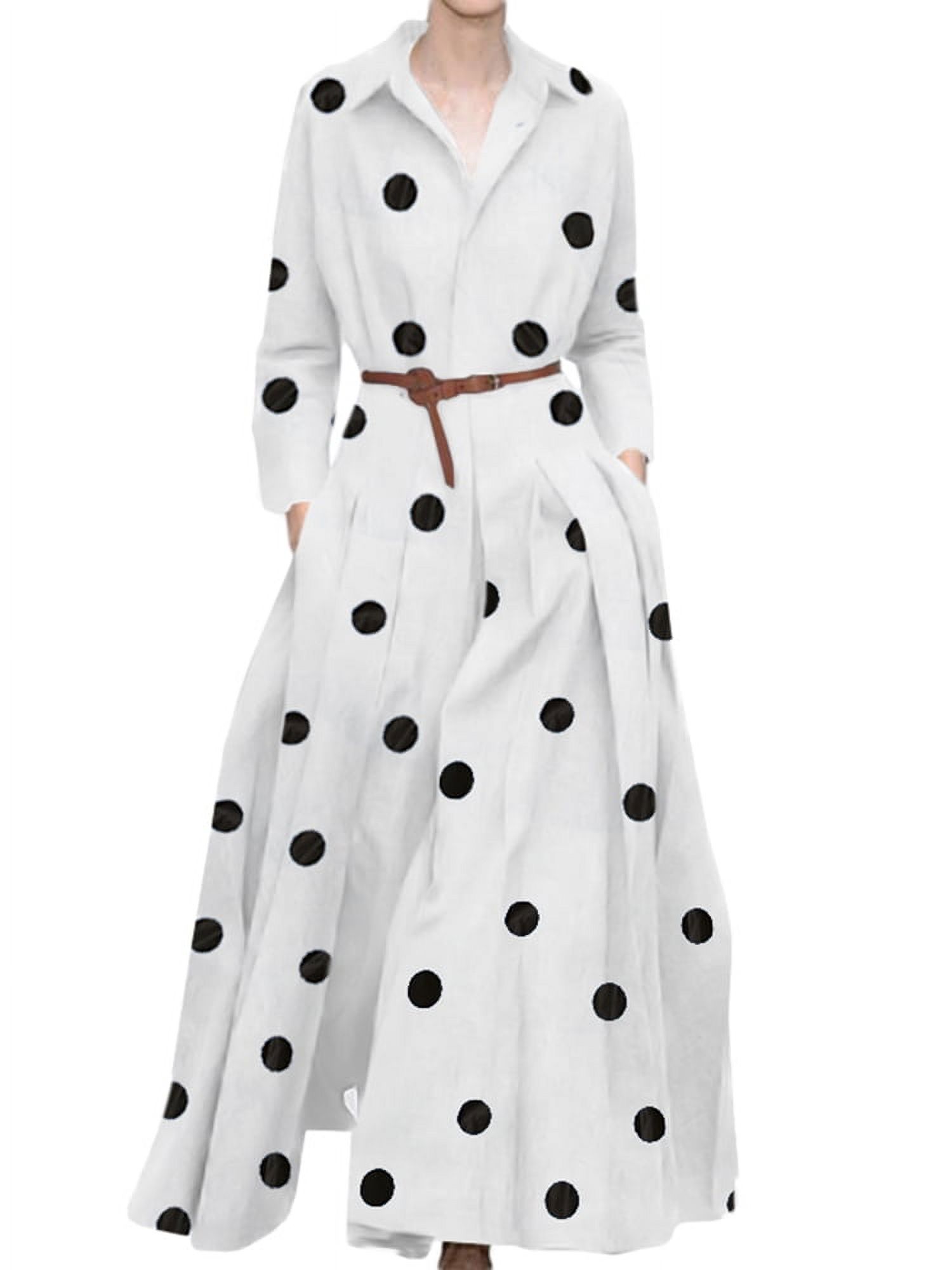 ZANZEA Women Lapel Long Sleeves Pleated Polka Dot A Swing Dress With Pockets